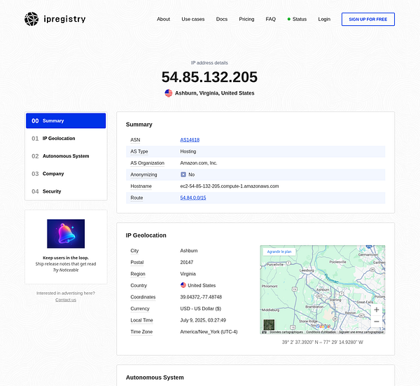 The image displays detailed information about the IP address 54.85.132.205, including its geolocation and associated data.