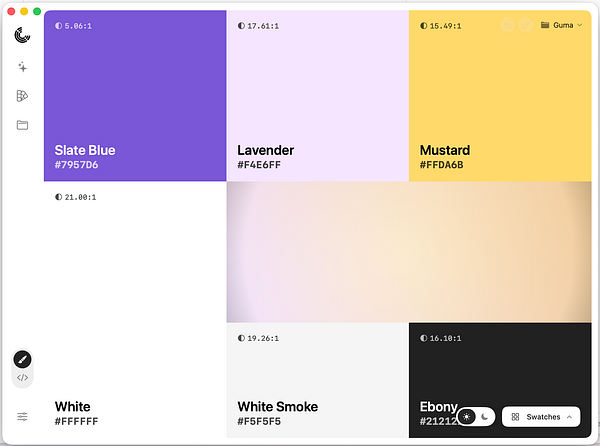 The image displays a color palette interface featuring various color swatches with their names and hex codes.
