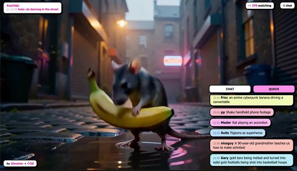 Screenshot from the game "Infinite Slop" showing a gameplay scene with multiple cartoon characters including bananas, along with a developer's console overlay listing debug information.