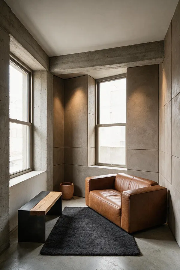 A compact sunroom with exposed concrete walls and ceiling beams, two tall windows, and a warm brown leather loveseat. A black bench with a wood top, a small terracotta planter, and a dark rug soften the industrial, minimalist space.