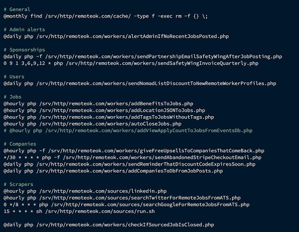 The image displays a terminal window showing a list of cron job configurations for a server.