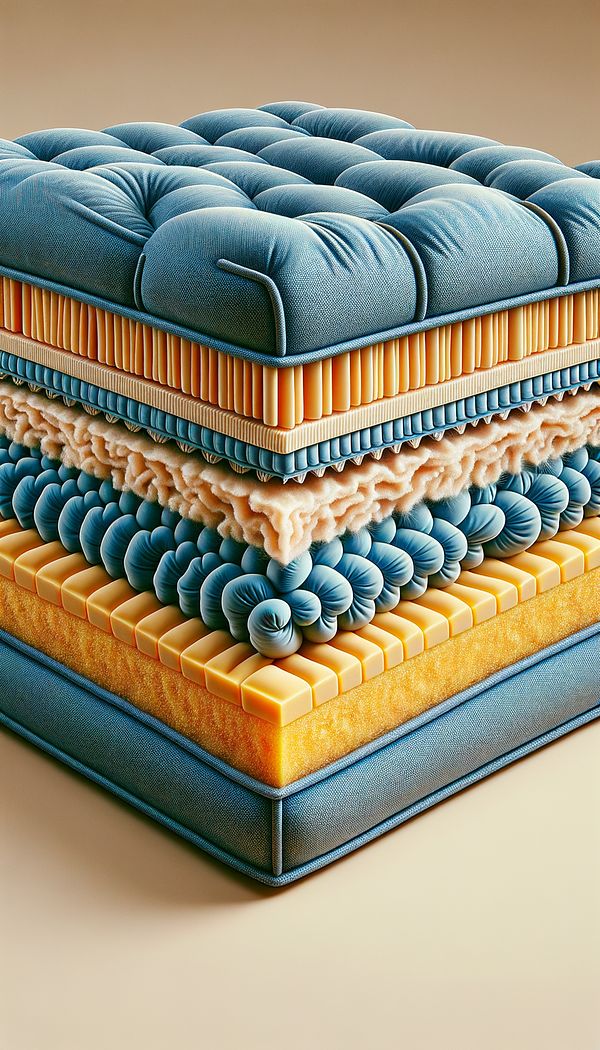 A close-up image of a cross-section of a sofa cushion, showing the layers of foam, Poly Dacron Wrap, and upholstery fabric.