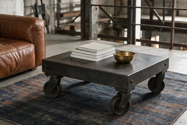 A low square coffee table with a dark, distressed metal top and four oversized industrial caster wheels sits on a patterned rug. A stack of books and a small brass bowl rest on top, with a brown leather sofa and warehouse-style railing in the background.