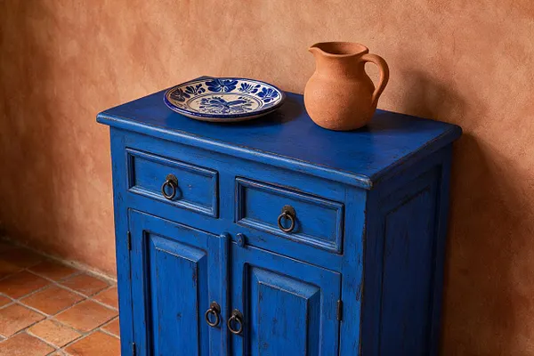 A small rustic wooden cabinet painted in vivid cobalt blue stands against a warm terracotta plaster wall. The cabinet is topped with a patterned blue-and-white ceramic plate and a clay pitcher, with terracotta floor tiles visible below.