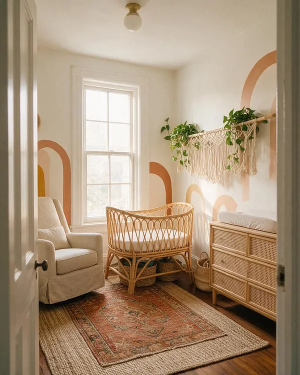 A cozy bohemian nursery with a cream upholstered armchair, a natural rattan crib, and a woven changing dresser under a tall window. Soft earth-tone arch murals, a macramé plant shelf, and layered rugs create a warm, airy feel.