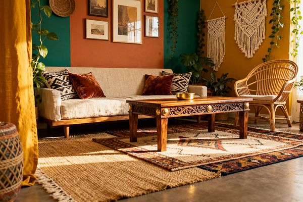 A sunlit Bohemian living room features a neutral linen sofa with rust velvet and black-and-cream patterned cushions against terracotta, teal, and mustard walls. A carved solid-wood coffee table with brass details sits on layered jute and patterned rugs. A rattan lounge chair, macramé wall hangings, trailing pothos and monstera plants, framed artwork, and a mustard curtain complete the space, casting warm light across the concrete floor.