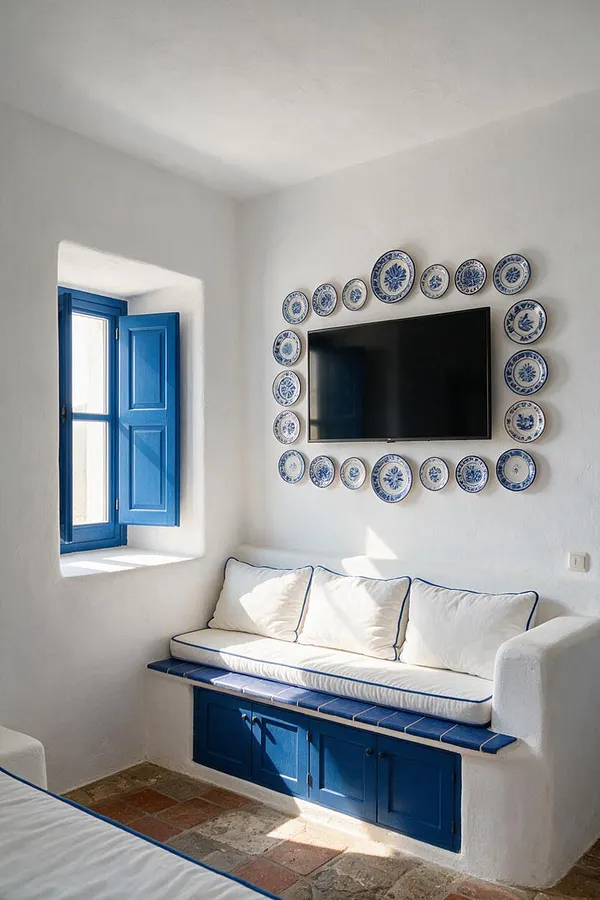 A bright Mediterranean-style media room with whitewashed walls, a wall-mounted black television framed by blue-and-white decorative plates, and a built-in bench with white cushions and cobalt blue trim. A vivid blue shuttered window brings in sunlight above a tiled stone floor.