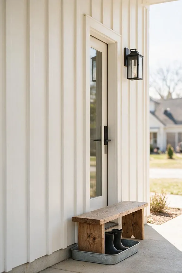 A bright farmhouse-style exterior entry with white vertical board siding, a glass-paneled door, and a black lantern sconce. A simple rustic wooden bench sits on the porch above a metal tray holding black rain boots, with a sunny suburban yard blurred in the background.