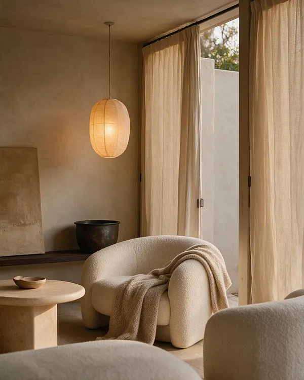 A serene organic modern patio with rounded cream lounge chairs, a draped neutral throw, a low stone table, and soft beige curtains framing open glass doors. A woven pendant light glows warmly above, while natural textures, clay-like surfaces, and earthy tones create a calm indoor-outdoor retreat.