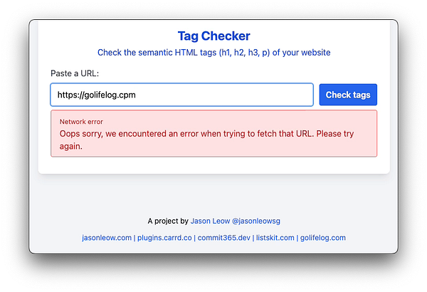 The image displays a user interface for a Tag Checker tool with an error message.