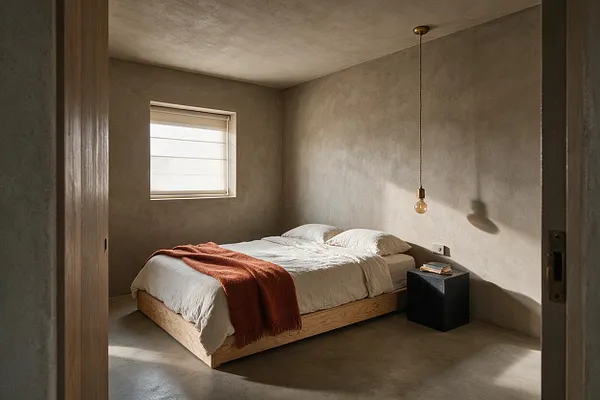 A minimalist guest bedroom with smooth gray plaster walls and ceiling, a low wooden platform bed dressed in white bedding and a rust-colored throw, and a small black bedside block. A single hanging bulb and a small window with a white shade add simple, understated light.