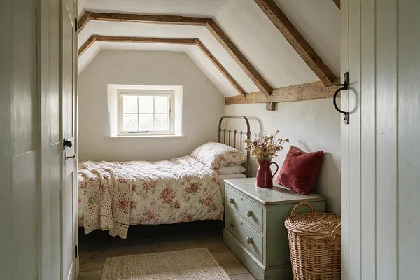 A small cottagecore bedroom with a metal bed frame, floral quilt, and soft cream walls beneath exposed wooden ceiling beams. A pale painted dresser with a red vase, dried flowers, woven basket, and a muted red cushion adds rustic charm.