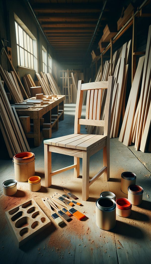 An unfinished wooden chair before the finishing process, standing in a well-lit workshop, surrounded by cans of stain and brushes on a table.