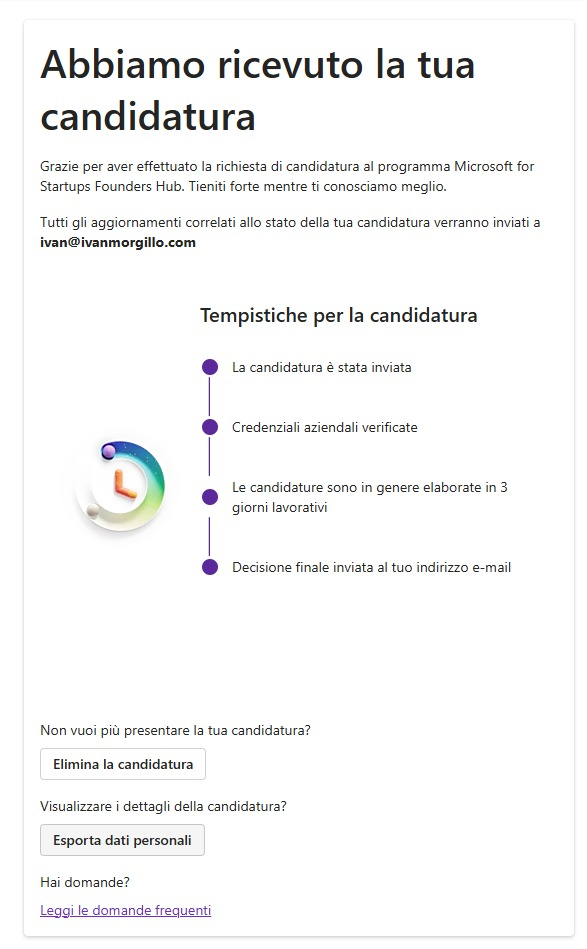 The image displays a confirmation message regarding a job application for the Microsoft for Startups Founders Hub program.