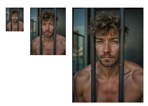 The image features a man with curly hair, captured in three different sizes, positioned behind vertical bars.