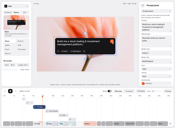 User interface of a motion design tool showing a prompt configuration screen with timeline and editing panels.