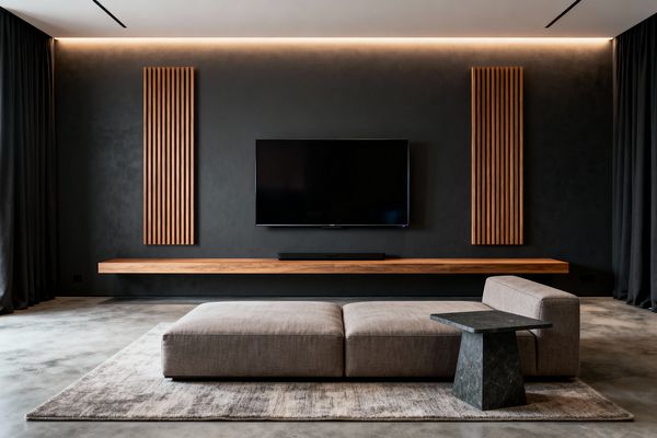 A minimalist media room with a matte charcoal wall centers a wall-mounted TV over a slim soundbar and a long floating wooden console. Two vertical wood slat panels flank the screen. Warm cove lighting lines the ceiling, with heavy charcoal drapes at the sides. A low taupe modular sofa sits on a soft gray rug, paired with a black stone side table on polished concrete floors.