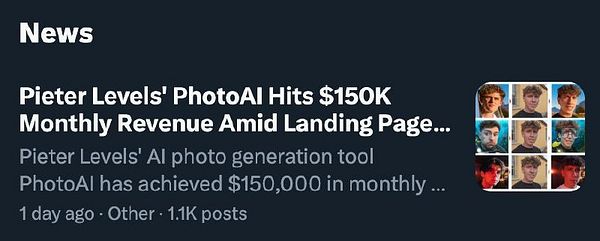 The image features a news article about Pieter Levels' PhotoAI achieving significant revenue.