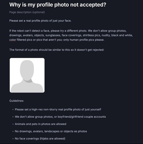 Screenshot of the user profile photo upload interface with guidelines and an upload button.
