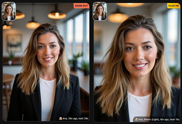 A split-screen image comparing two versions of a portrait of a woman with different zoom levels and styles.