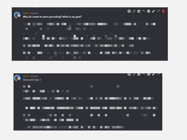The image displays a digital journaling interface with two entries from a user named Chris.