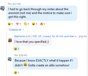 A conversation in a messaging app discussing notes about an arsonist.