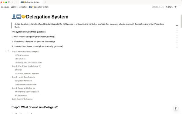 Screenshot of a Notion page titled 'Delegation System Template' showing a structured task management workflow with headings, bullet points, and a sidebar navigation menu.