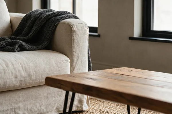 A cozy farmhouse living room corner with a light beige slipcovered sofa draped in a dark charcoal knit throw, paired with a rustic wood coffee table on slender black metal legs. Black-trimmed windows and a textured woven rug add contrast against soft neutral walls.