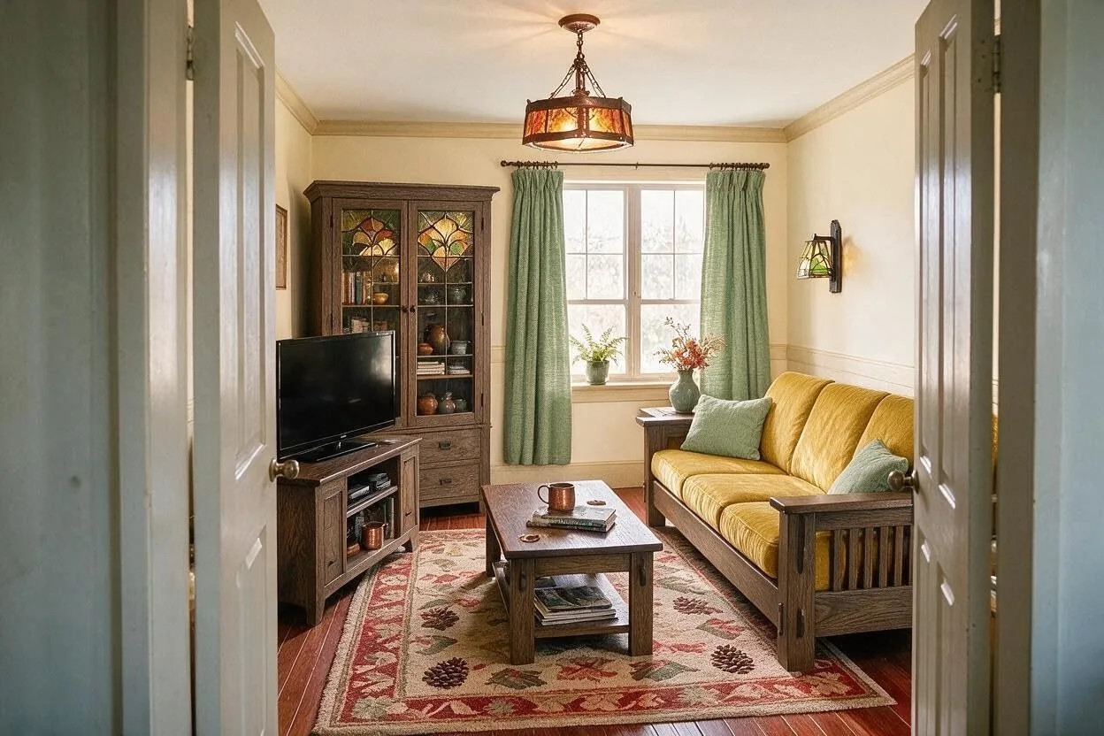The same Craftsman living room in the Prairie Gold palette: parchment, mustard, fumed oak, sage green, and brick red
