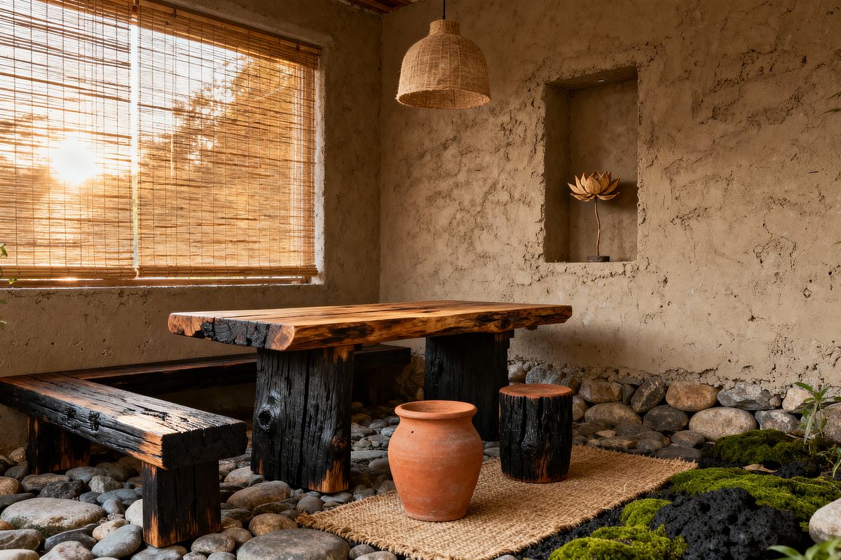 Room AI – Wabi-Sabi Dining with Charred Timber Table - Interior Design