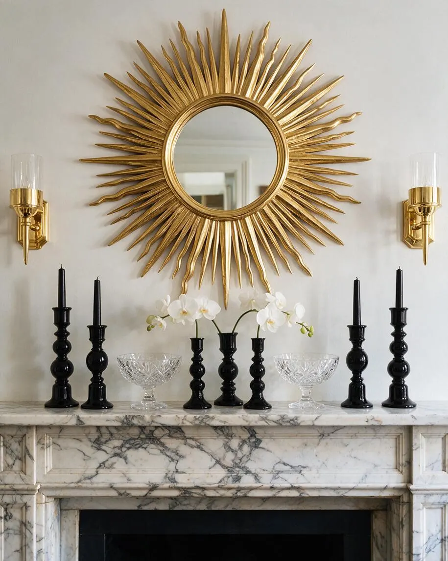 A refined mantel vignette centered on a large gold sunburst mirror above a white marble fireplace with gray veining. Black taper candlesticks, crystal bowls, white orchids, and brass wall sconces create a symmetrical Hollywood Regency display against a soft neutral wall.