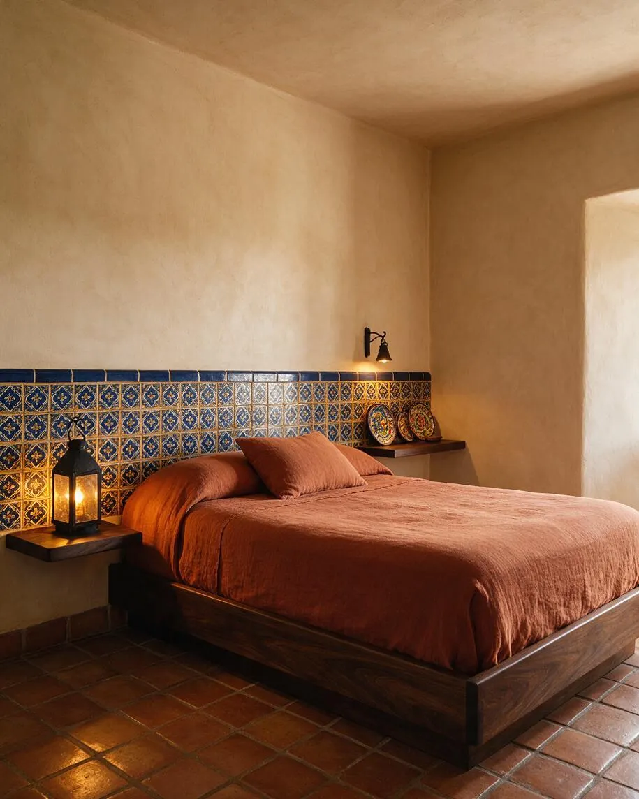 A cozy Mediterranean-style guest bedroom with a low dark wood bed dressed in rust-colored bedding, set against a blue and gold patterned tile headboard wall. Beige plaster walls, terracotta floor tiles, and black lantern-style bedside lighting create a warm, rustic atmosphere, with decorative plates displayed on a small shelf.