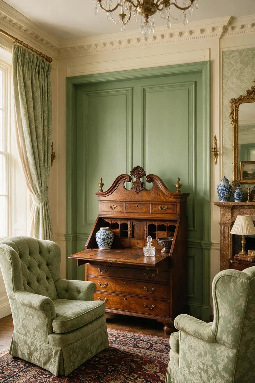 A traditional sitting room features a polished wooden writing desk with a drop-front compartment, set against sage-green paneled walls. Pale green upholstered armchairs, patterned curtains, an ornate gilded mirror, and a chandelier complete the elegant period-inspired space.