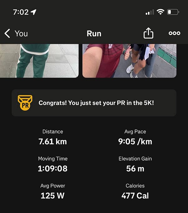 The image displays a fitness tracking interface showcasing a recent running achievement.