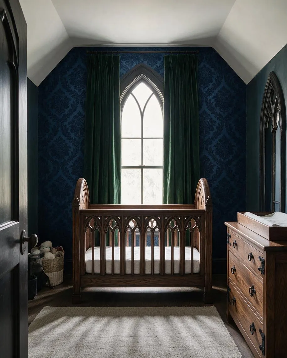 A narrow nursery with dark gothic character, featuring a carved wooden crib centered beneath a tall pointed-arch window with deep green velvet curtains. Blue patterned wallpaper, a matching arched wall mirror, a wooden dresser with black hardware, and a soft neutral rug complete the moody space.