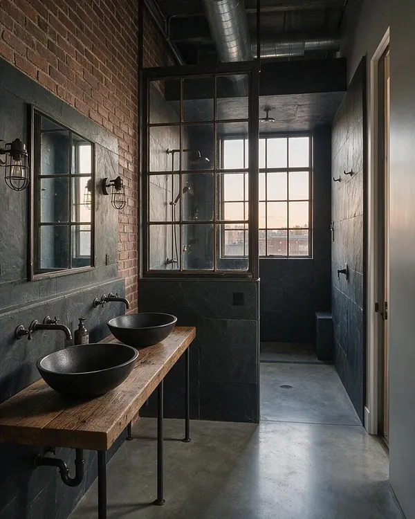 A narrow master bathroom with industrial style features exposed brick, dark slate walls, black metal-framed glass partitions, and a concrete floor. A rustic wood vanity with two black vessel sinks sits along the left wall, while large factory-style windows bring in soft sunset light.