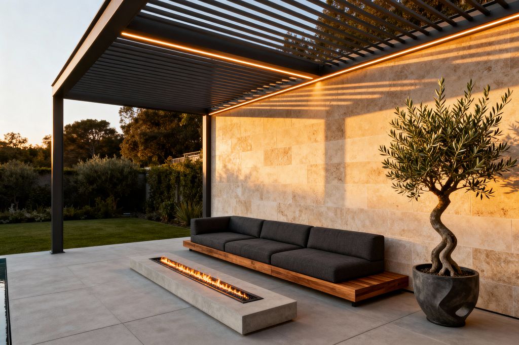 A modern patio features a dark metal louvered pergola with integrated warm LED lighting, casting shadows on a wall clad in beige travertine. A low teak-base sofa with dark gray cushions faces a long rectangular concrete fire pit set on large gray pavers, with a sculptural olive tree in a charcoal planter and a lawn and hedges beyond in the evening light.