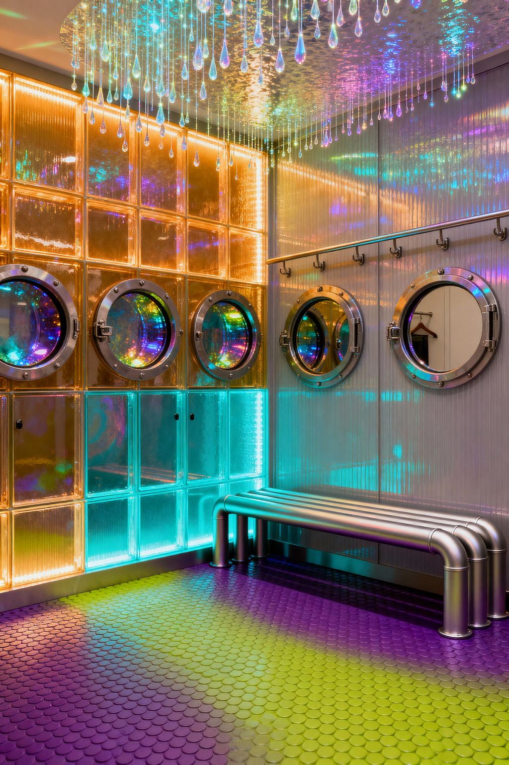 A psychedelic mudroom features amber glass-block walls and corrugated translucent panels, both backlit in teal and warm gold. Round porthole-style locker doors with metallic rims and iridescent glass line two sides. A tubular stainless-steel bench sits beneath a row of coat hooks. From a reflective ceiling, hanging acrylic teardrops refract rainbow color onto purple penny-round flooring, creating a glowing, futuristic atmosphere.