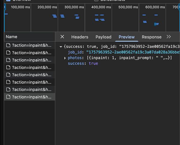 The image displays a technical interface showing a network request and its response data related to a backend task for a Magic Editor.
