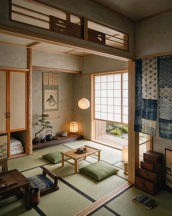 A tranquil Japanese Zen-style sunroom with tatami mat flooring, low bamboo tea table, green floor cushions, shoji-style windows, and warm wood framing. A hanging paper lantern, floor lamp, bonsai, and indigo patterned textiles add soft light and handcrafted texture.