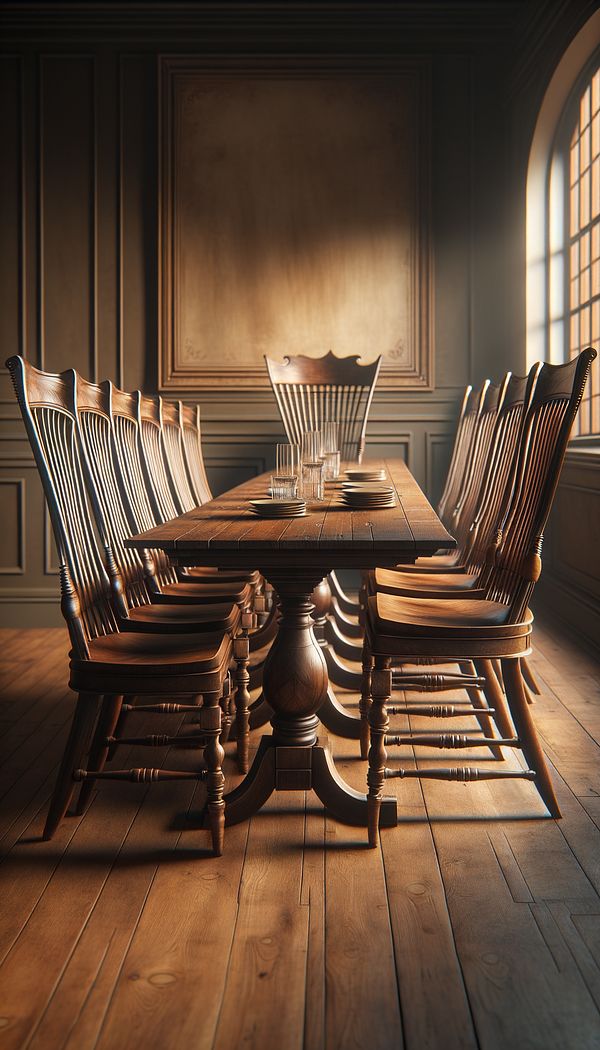 a series of elegant comb back chairs arranged around a rustic wooden dining table, within a warmly lit dining room