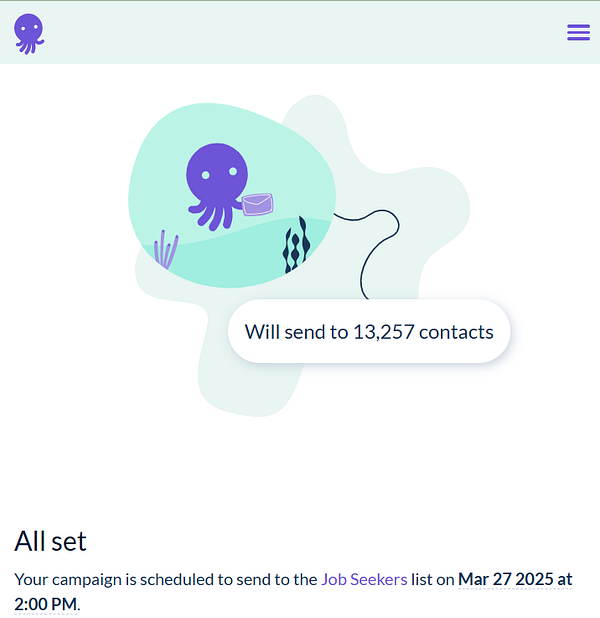 A digital interface displaying a scheduled newsletter campaign for job seekers.