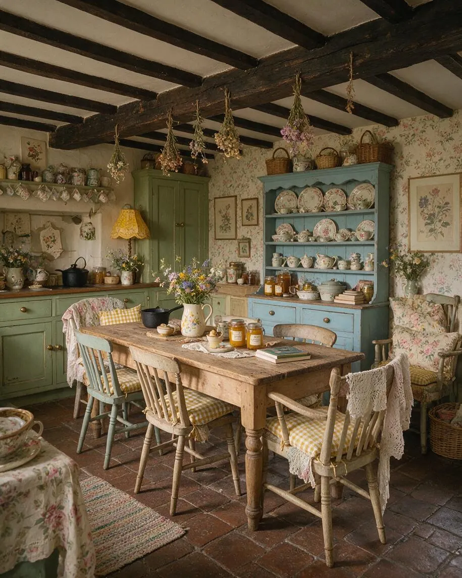 A cozy cottagecore kitchen with exposed dark wood ceiling beams, floral wallpaper, and open shelving filled with patterned china and baskets. A worn wooden dining table sits in the center with mismatched painted chairs, gingham cushions, hanging dried flowers, and warm natural textures throughout.
