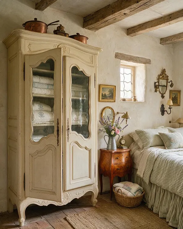 A cozy French Country guest bedroom with a large cream armoire, distressed wood beams, and white plaster walls. A carved wood bedside table, striped bedding, vintage wall sconces, and soft neutral textiles create a warm, rustic atmosphere.