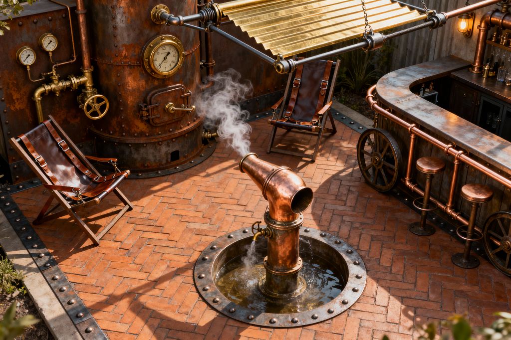 An outdoor steampunk patio with herringbone brick paving features a central copper pipe fountain emitting steam, two brown leather sling chairs, and a curved bar built from distressed metal and copper piping with wagon-wheel details. A riveted boiler with brass gauges and valves anchors the wall, while a corrugated brass canopy and caged Edison light add warm amber glow.