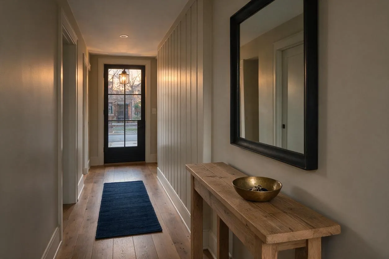 A narrow farmhouse entryway with light wood floors, soft beige walls, and vertical shiplap on one side. A rustic wooden console table sits below a large black-framed mirror, with a brass bowl on top, and a dark blue runner leads to a glass-paneled front door glowing with evening light.