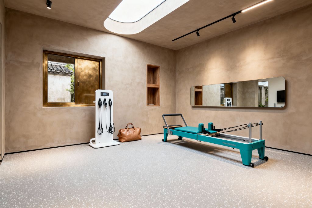 A minimalist home gym with warm sand-colored plaster walls features an elongated oval skylight and a brass-framed window that bring in soft natural light. A teal Pilates reformer sits on light gray speckled rubber flooring opposite a long, rounded-edge wall mirror, with black track lighting above, a white equipment tower with resistance cords, two recessed oak niches, and a tan leather duffel completing the calm, contemporary space.