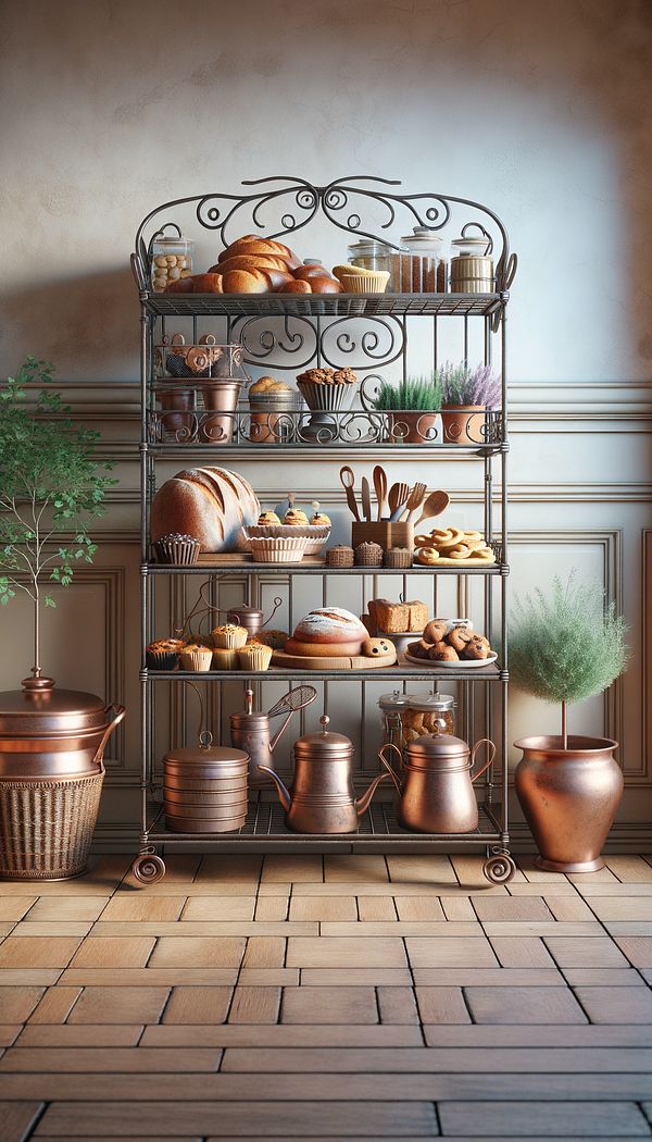 A rustic wrought iron Baker’s Rack in a kitchen setting, adorned with an assortment of baked goods, plants, and kitchen utilities.