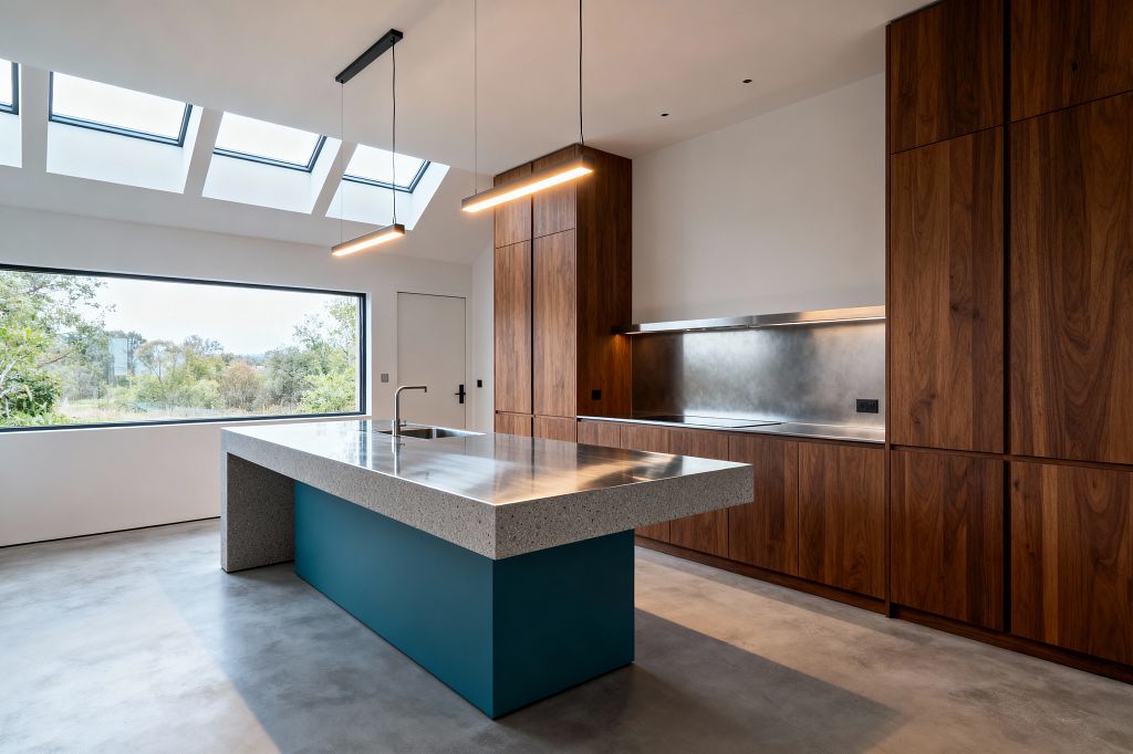 Modern kitchen with warm walnut cabinets and a long run of stainless-steel worktop and metal backsplash. A central island has a teal base and a thick terrazzo-edged counter with a stainless surface and integrated sink. The room features polished concrete floors, white walls, slim linear pendant lights, and abundant daylight from multiple roof skylights and a wide picture window overlooking greenery.