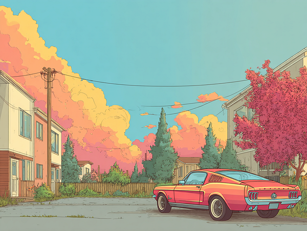 Comic-style illustration depicting a city polluted with industrial smoke and smog, with a colorful and detailed foreground showing houses, green hills, and a rainbow.